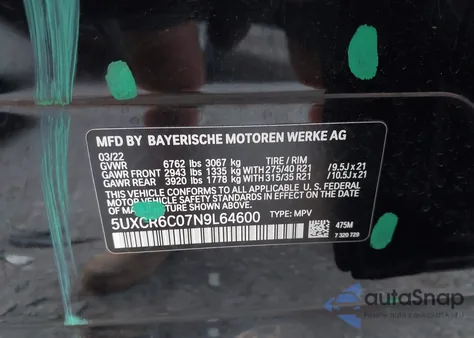 2022 BMW X5 xDrive40I from USA, damaged, VIN 5UXCR6C07N9L64600